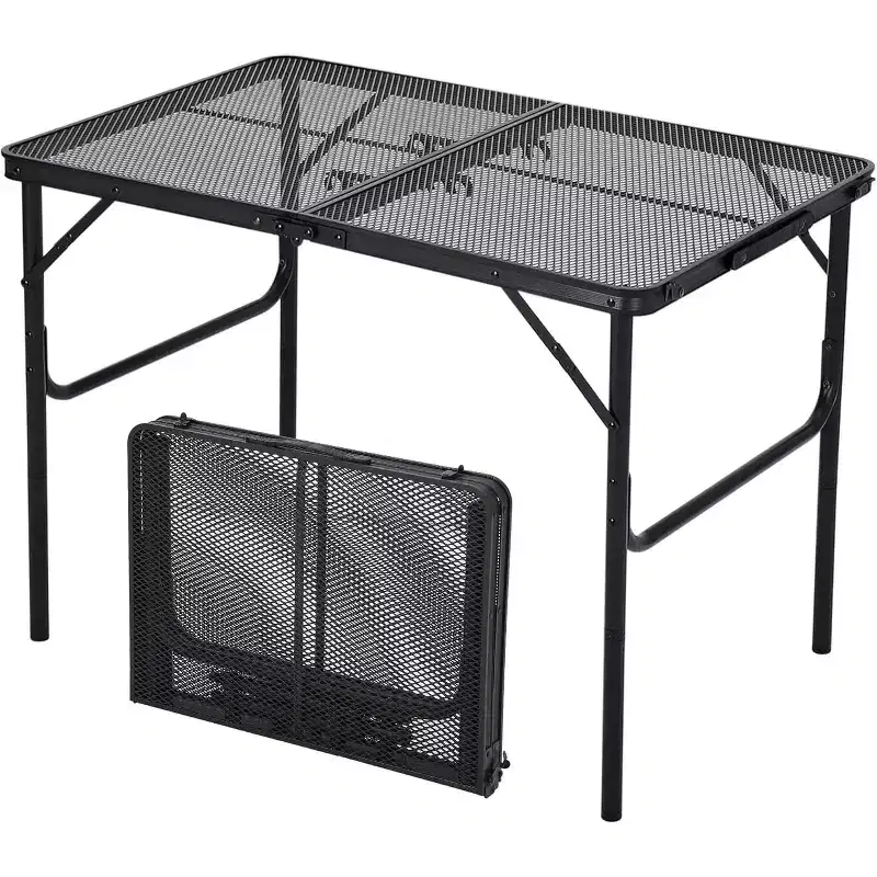Acekool 3x2FT Folding Grill Table with Mesh Top, Adjustable Height Portable Metal Camping Table for BBQ, Picnic, Outdoor Cooking, Black