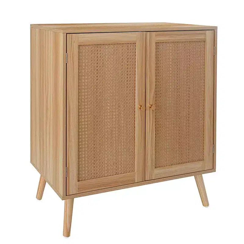 Rattan Buffet Cabinet with Storage, Farmhouse Sideboard with Adjustable Shelves & Wood Feet