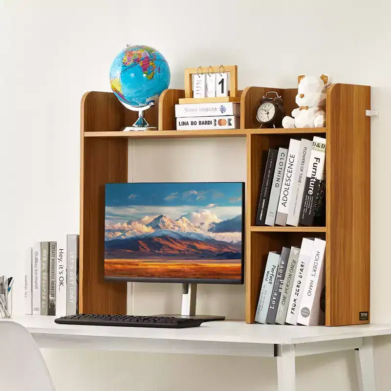 Desktop Bookshelf, 2-Tier Wood Desktop Storage Organizer, 37.2 x 9.5 x 28.9 Office Storage Rack Wood Display Shelf, Brown