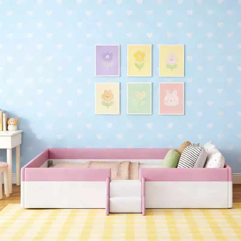 Luxystar King Size PU Upholstered Daybed Frame with Fence and Stairs, Pink+White