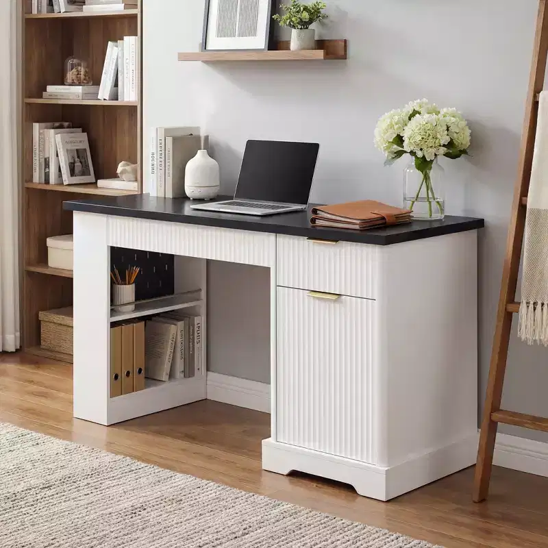 55 Inch Modern Office Desk with Storage Cabinet and Drawers, Power Outlets, Pegboard, Built-in Shelves and Keyboard Tray, White