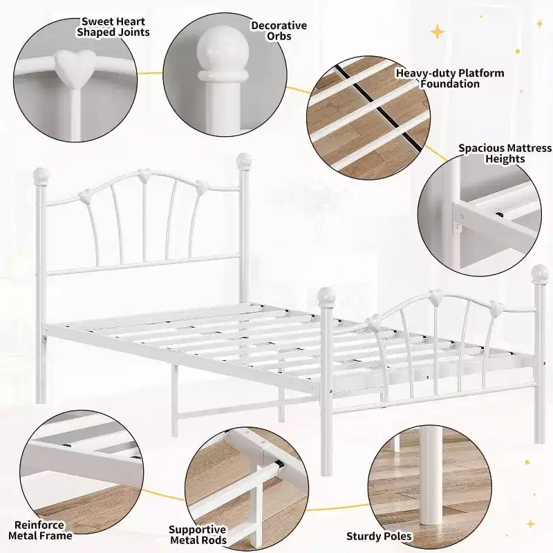 Twin Bed Frame for Kids with Heart-Shaped Headboard, Heavy Metal Slat Support, Noise-Free, White