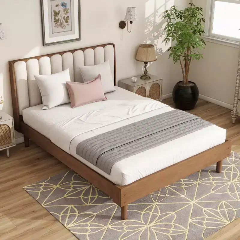Whisen Wood Bed with Upholstered Headboard and Strengthened Frame