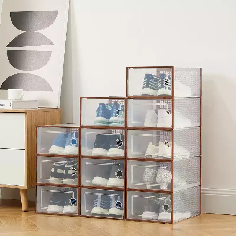 Brown/Gray/White Clear Stackable Shoe Storage Boxes, Drop-Front, X-Large, Set of 12