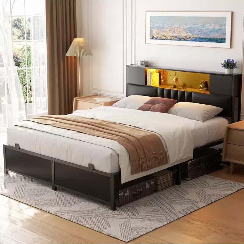 Black / Gray Oak Upholstered Platform Bed Frame with LED Lights & Charging Station – Queen / King, 1 Person