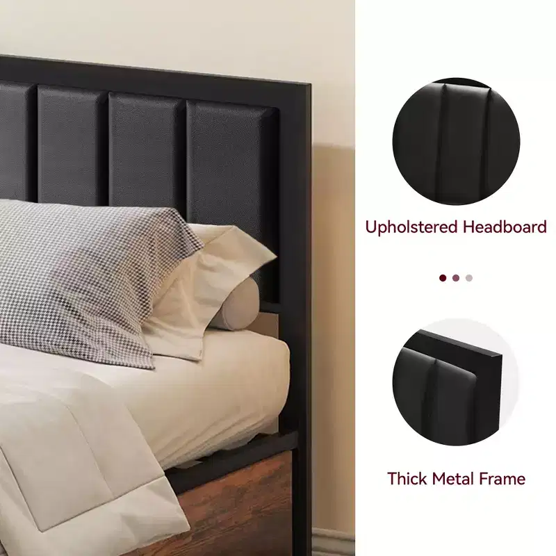 Dyonery Bed Frame with Upholstered Headboard,Metal Bed Frame with Footboard,Noise-Free,No Box Spring Needed,Easy Assembly
