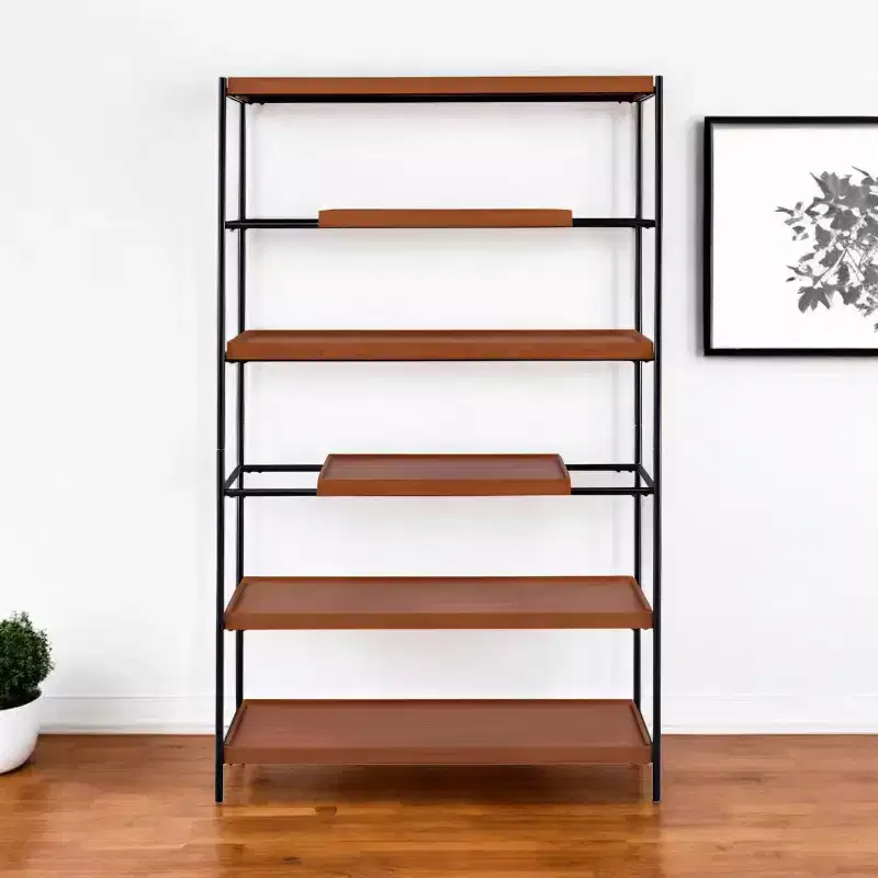 Oak & Black 6-Tier Open-Back Etagere Bookcase