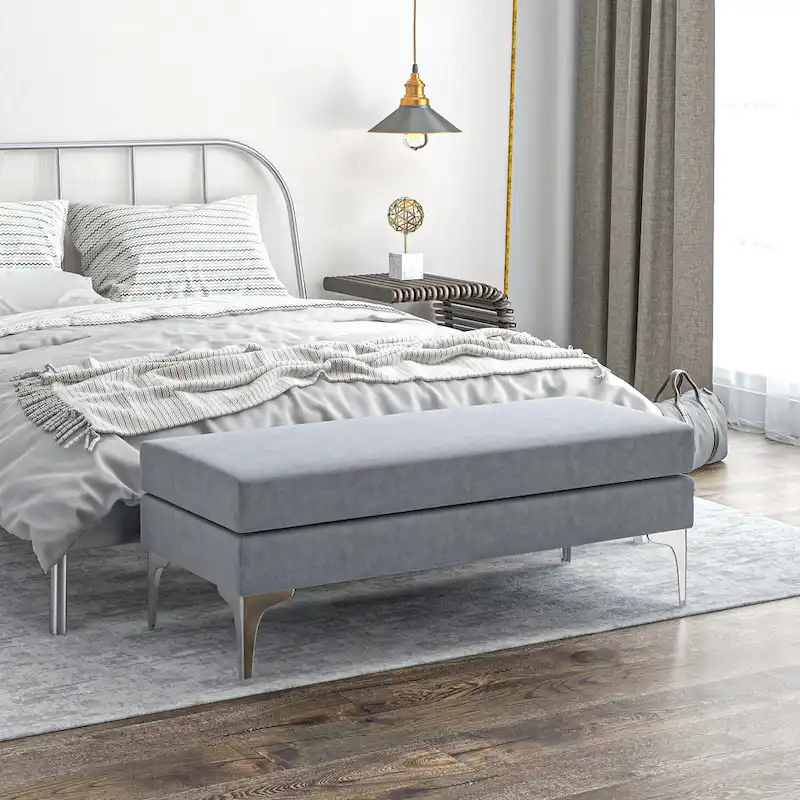HOMCOM 48 End of Bed Bench, Upholstered Entryway Bench with Double Layer Seat Cushions and Steel Legs, Bedroom Bench, Dark Gray