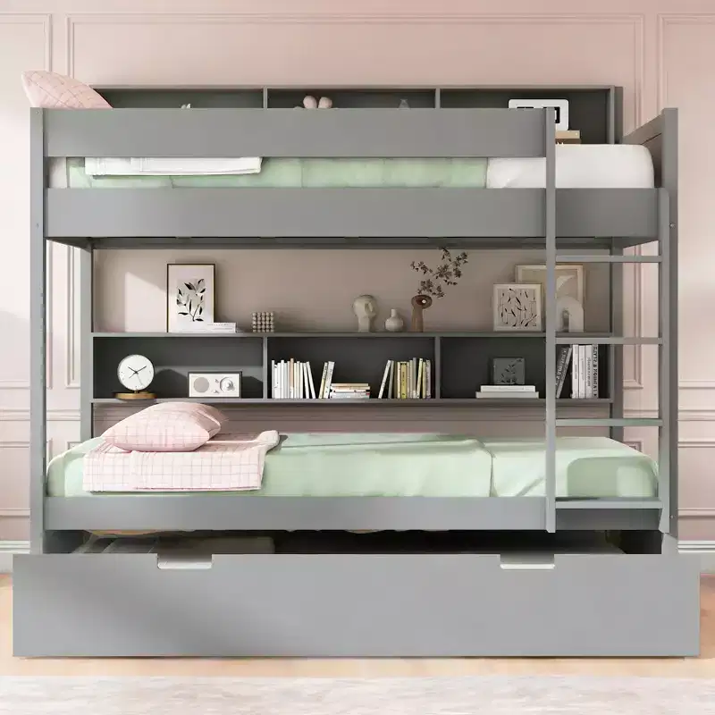 Luxystar Modern Full over Full Bunk Bed with Shelves and Trundle