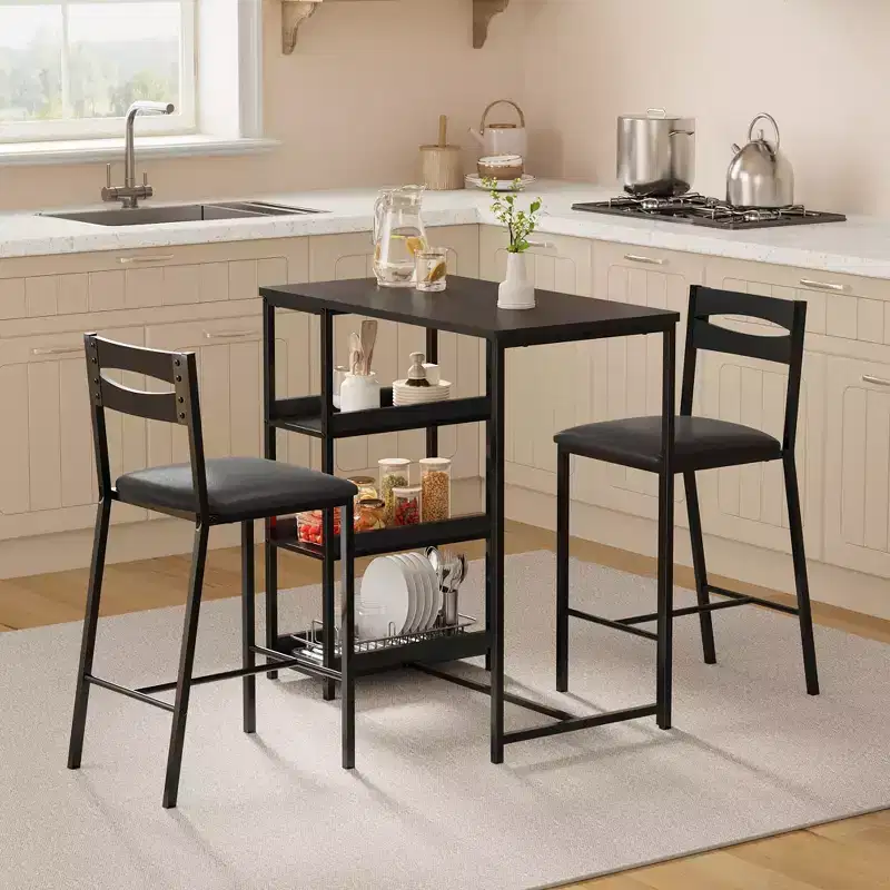 3 Piece Dining Table Set for 2, Counter Height Bar Table Set with 3 Storage Shelves, Kitchen Table with 2 Upholstered Chairs for Living Room, Black