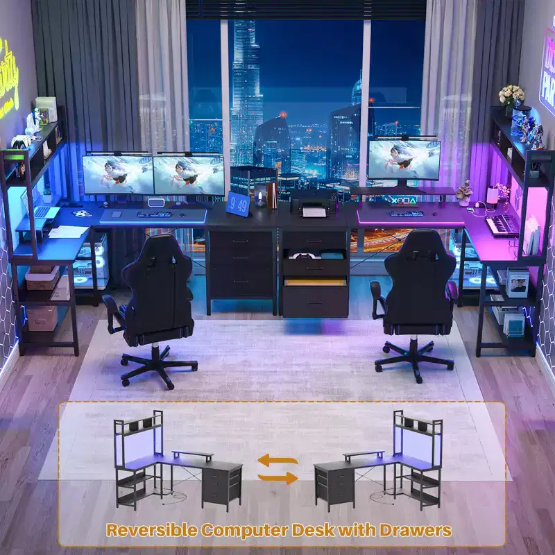 Besiost L Shaped Computer Desk with Hutch, Power Outlets, LED Lights & Storage Drawers