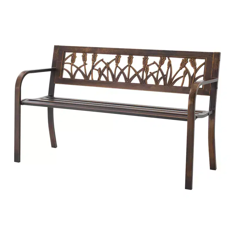 GDFStudio Daiki Modern Steel Patio Bench with PVC Floral Backrest and Round Edge Armrests