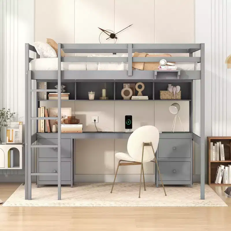 Whisen 78.4Lx 57.6W Full Size Loft Bed with Desk, Cabinets, Drawers and Bedside Tray, Built-in Charging Station, Multiple Storage