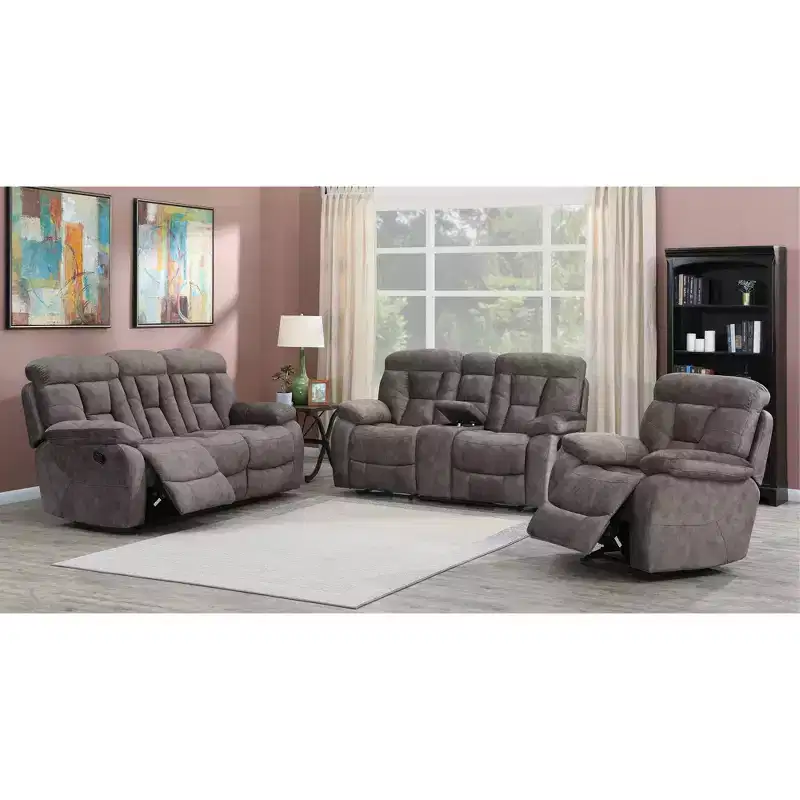 Upholstered Console Loveseat with Recliner, Cup Holders, and Storage, Mushroom Flannel