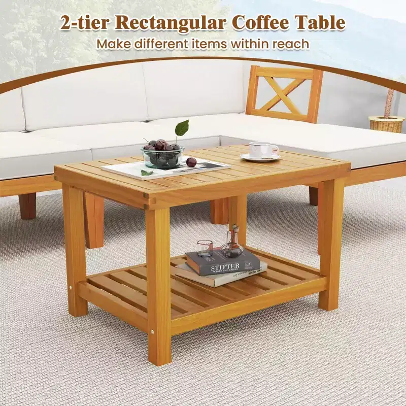 Costway 5 PCS Acacia Wood Patio Furniture Set with 2-Tier Coffee Table and Cushions