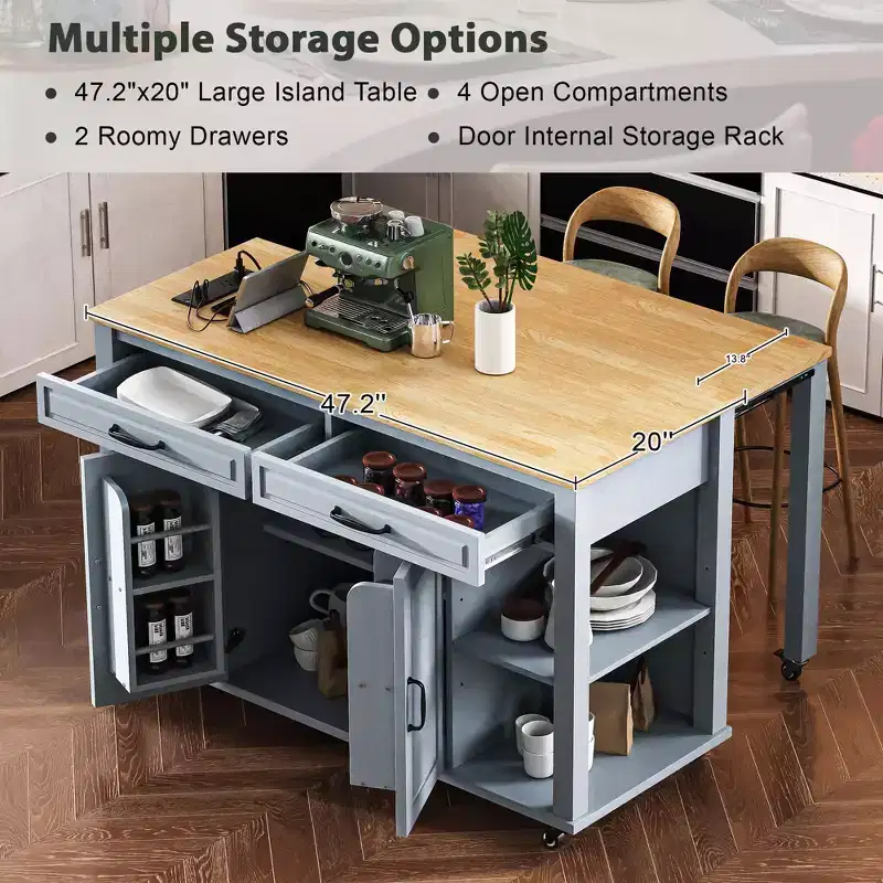 47 Kitchen Island with Extendable Dining Table Rubber Wood Veneer Kitchen Table with Storage Rack & Power Outlet & 2 Drawers 2 Cabinet Blue