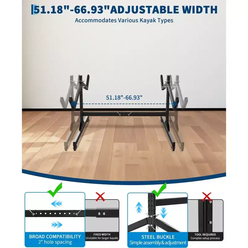 2 Kayak Storage Rack with Wheels, Freestanding Steel Kayak Rack with Adjustable Width & Hanging Straps