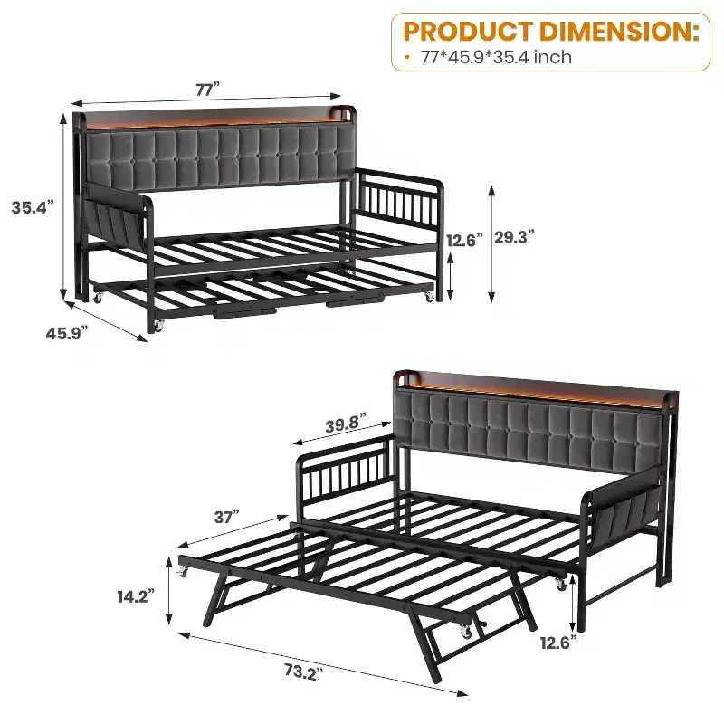 Twin Daybed with Trundle and Charging Station, Upholstered Sofa Bed Frame with Storage Headboard and LED Light, 76.77L x 45.67W