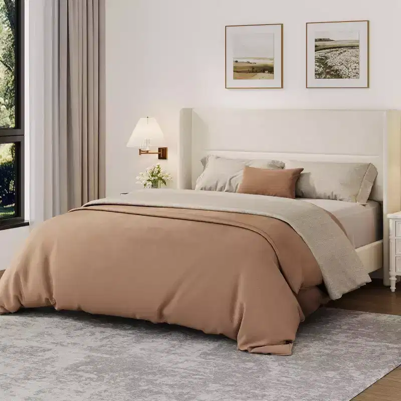 Velvet Tufted Wingback Bed Frame  Upholstered Platform Bed with Strong Wood Slats, No Box Spring Needed, Easy Assembly
