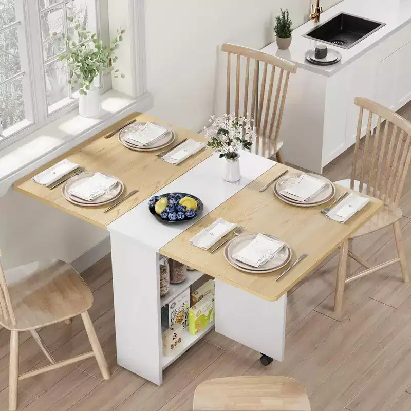 Folding Dining Table, Drop Leaf Dining Table with 6 Wheels and 2-Layer Storage Shelf, Space Saving Dining Table for Small Spaces