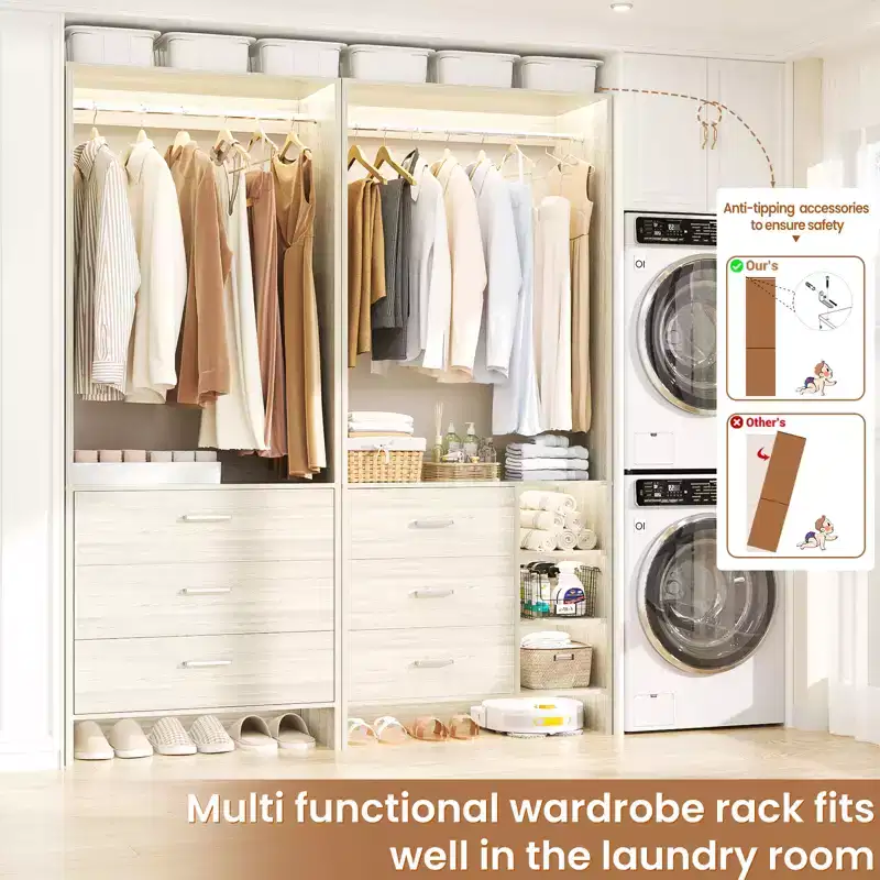 Besiost 54-In Closet System Set with Wood Drawers, Freestanding Closet Organizer with Hanging Rods