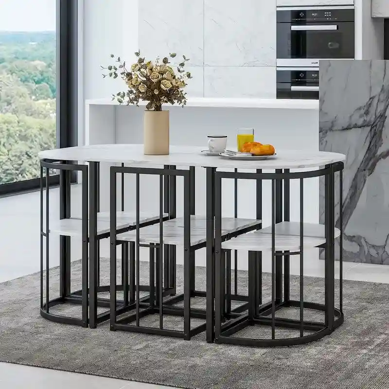 Mid-Century 7-Piece Dining Table Set for 6 People, Kitchen Dining Room Table Set with Faux Marble Dining Table and 6 Chairs