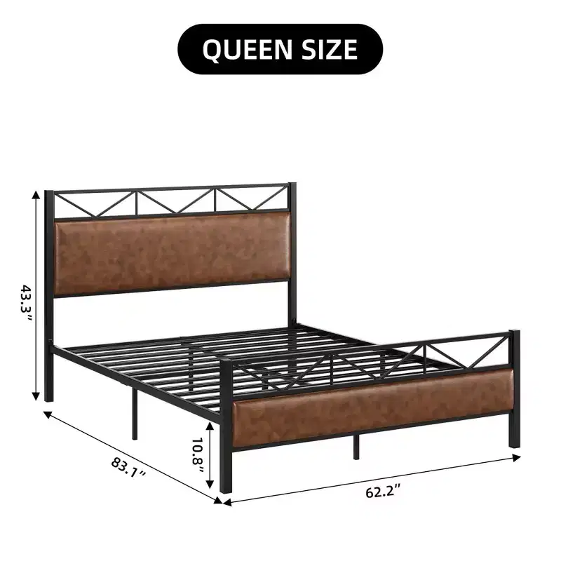Bed Frame with Headboard, Industrial Platform Upholstered King Bed Frame with 14 Strong Metal Slats Support, 11'' Under-Bed Storage, Brown