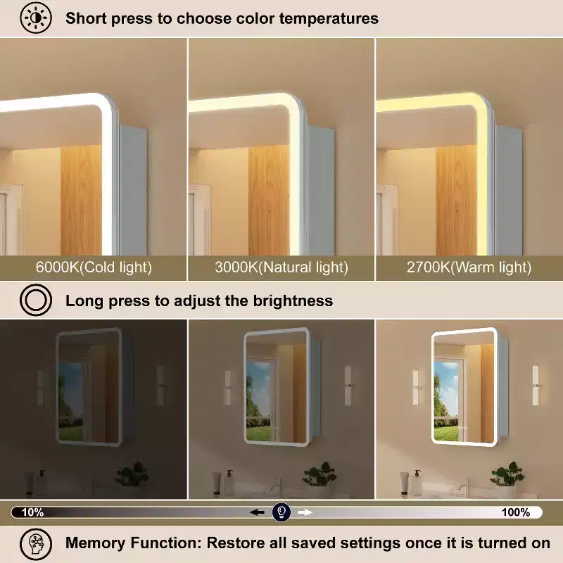 LED Mirror Medicine Cabinet, Surface or Recessed Mount, 3-Color Dimmable Lighting, Anti-Fog, USB & Power Outlet