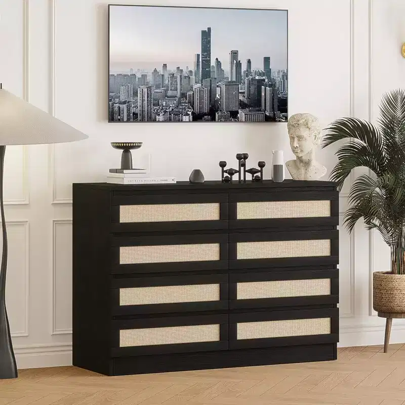 8 Drawer Double Dresser for Bedroom, Rattan Chest of Dressers, Modern Wooden Dresser Chest for Nursery, Living Room and Entryway