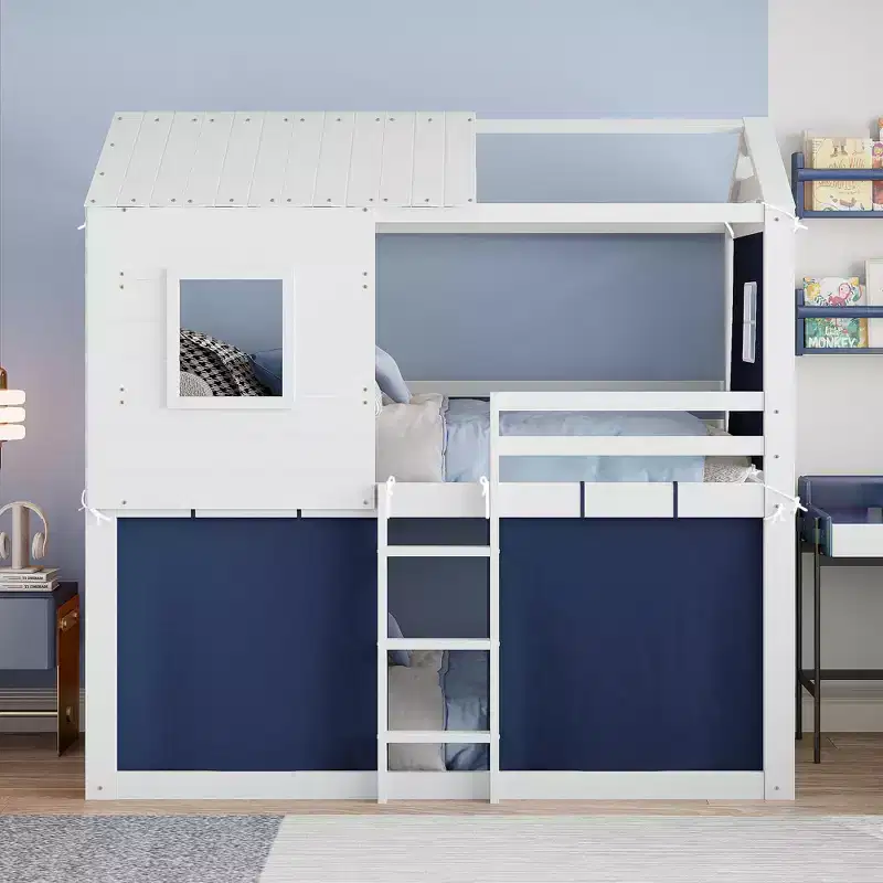 Twin/Full Size Bunk Wood House Bed with Tent, Fun Playhouse Design for Kids - ModernLuxe