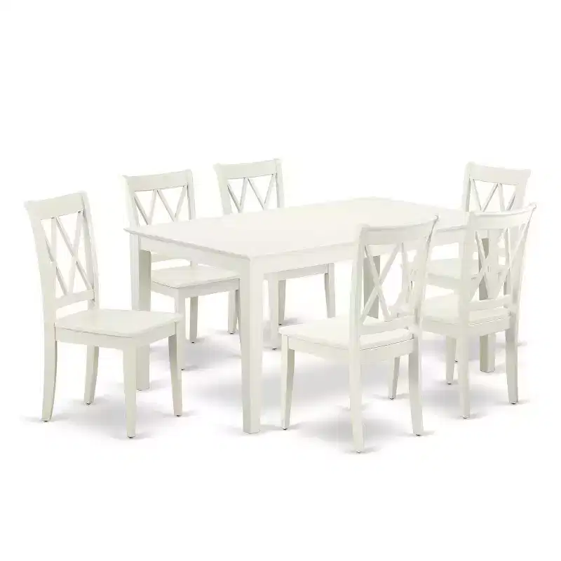 Mid-Century Dining Set - 7Pc Rectangular Table & 6 Chairs - White Finish