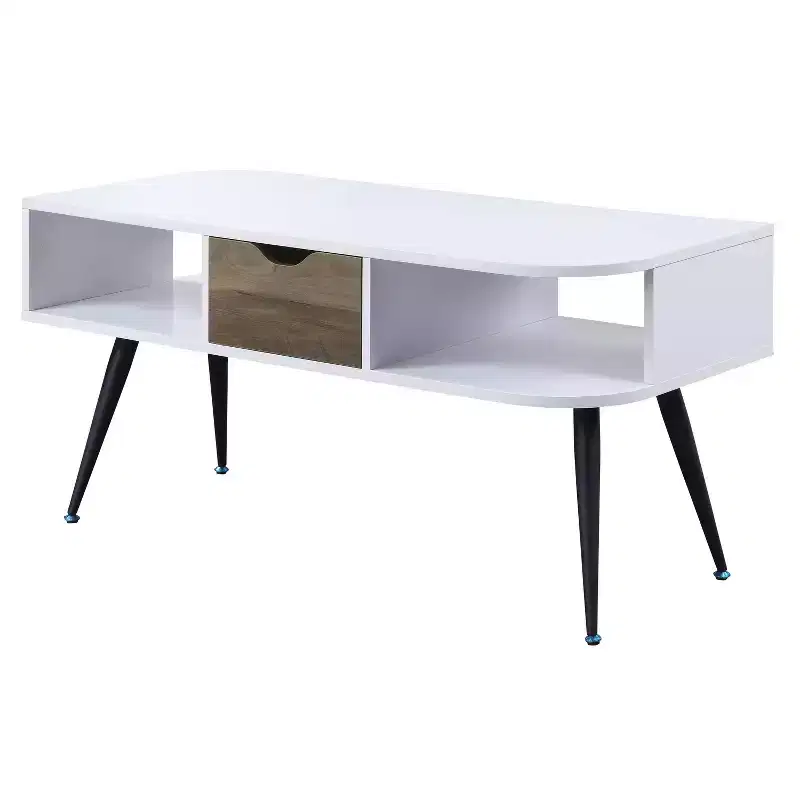 White and Black Modern Coffee Table with 1 Drawer, Two Open Compartments Powder Coated Metal Legs Living Room Table