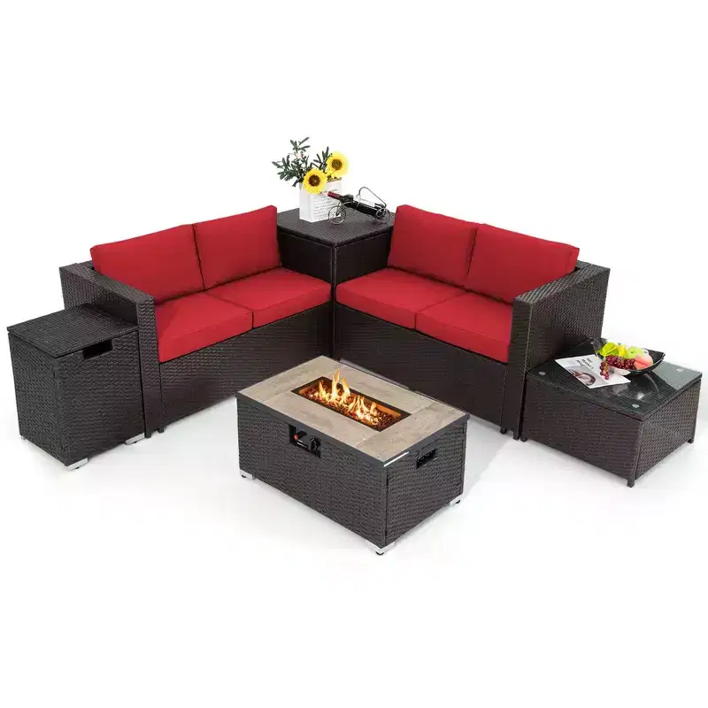 Costway 6PCS Patio Rattan Furniture Set 32'' Fire Pit Table Tank Holder with Cover Beige/Navy/Red/Turquoise