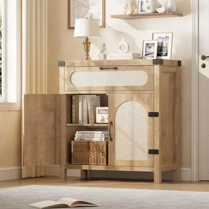 Rattan Sideboard Buffet Cabinets with Storage, Farmhouse Kitchen Accent Storage Cabinet with Drawer for Dining Room, Living Room, Hallway