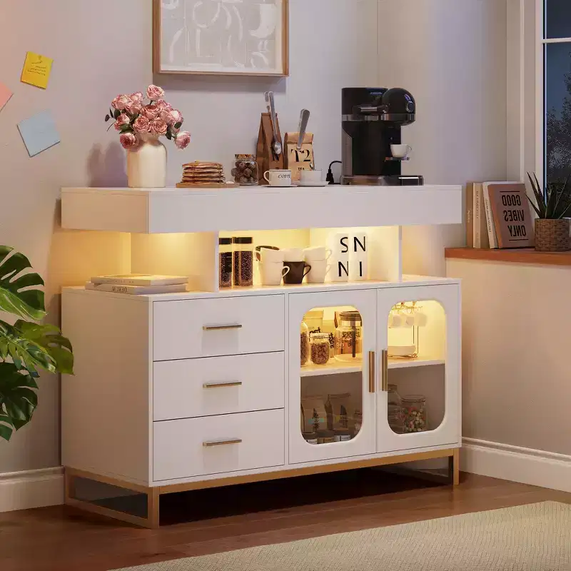 Modern Sideboard Buffet Cabinet with Auto-Sensor RGB LED Lights & Built-in Charging Station, Coffee Bar Table with Storage