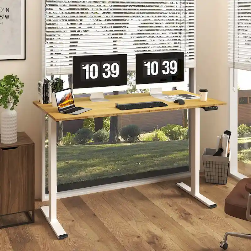 Bamboo Electric Standing Desk, White/Black/Grey, 1-Person, 48x24 / 55x28 / 60x30