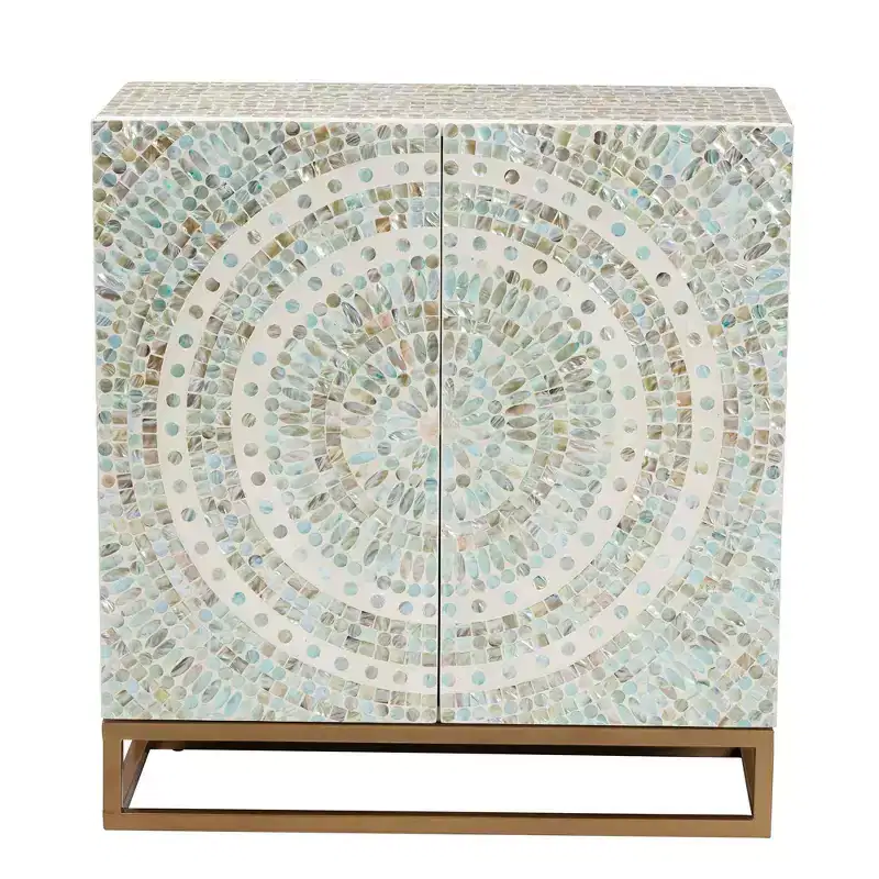Mother of Pearl and Metal Storage Cabinet, Mosaic White/Gold, Fixed Shelves, No Assembly Required