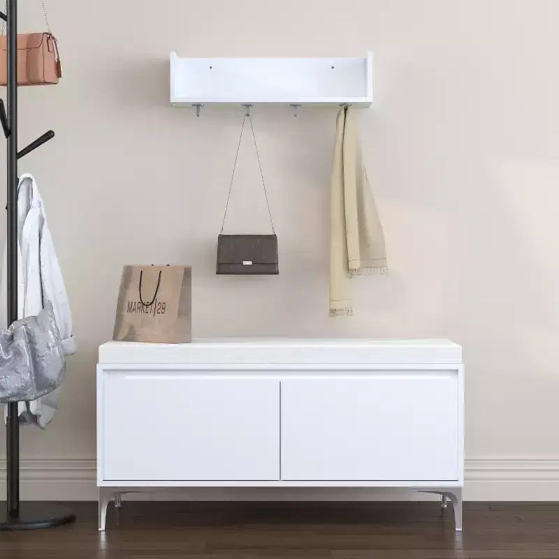 Storage Bench and Wall-Mounted Entryway Shelf with Hooks Set, Entryway Shoe Bench Shoe Cabinet Storage Chest with Cushion, White -