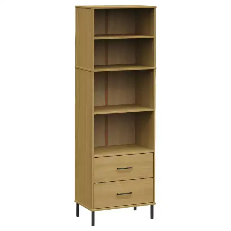 Tall Solid Pine Wood Bookcase with 4 Shelves & 2 Drawers