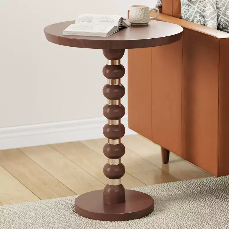 Brown Round Mango Wood End Table, Pedestal Base, Single