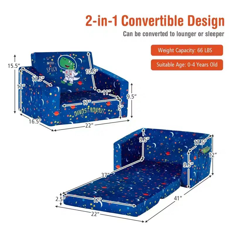 Costway Kids 2 in 1 Convertible Sofa Children Flip-out Chair Lounger Couch Sleeper