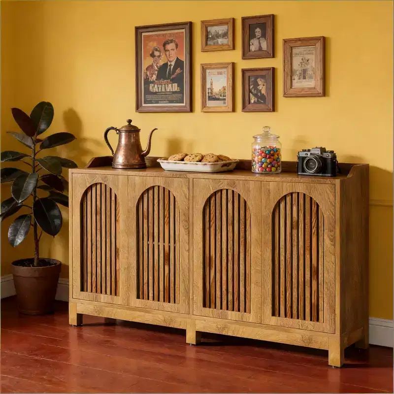 Farmhouse 4-Door Shutter Wood Sideboard Buffet Cabinet with Adjustable Shelves