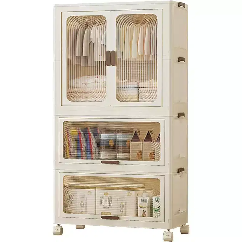 Acekool Kids Wardrobe Closet with Doors & Wheels, 3-Tier Portable Storage Cabinet with Hanging Rod, Organizer for Nursery or Bedroom