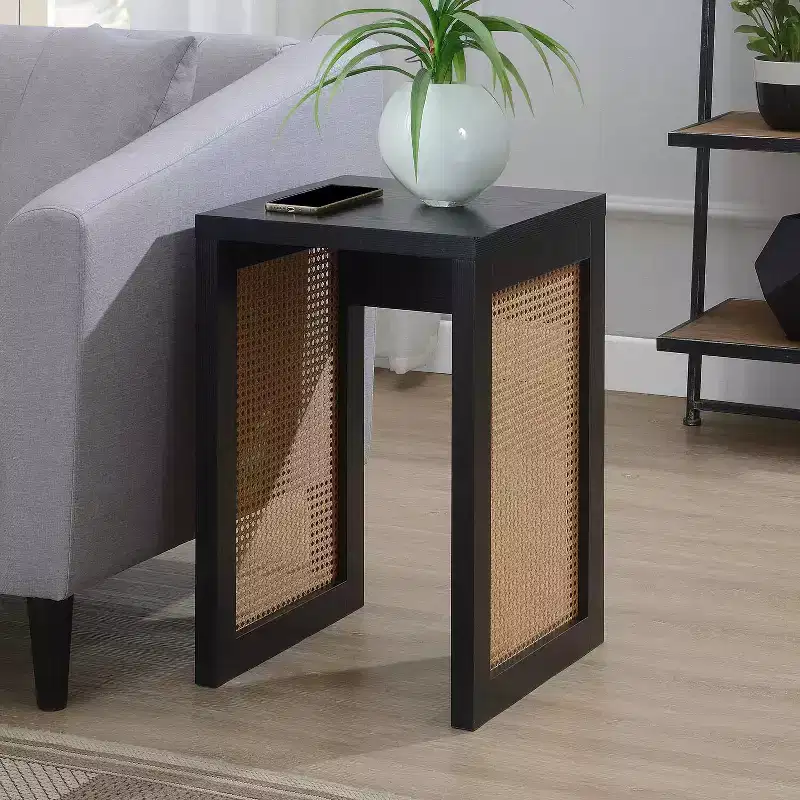 Square End Table with Woven Rattan Panel Sides and Modern Boho Design for Living Room or Bedroom