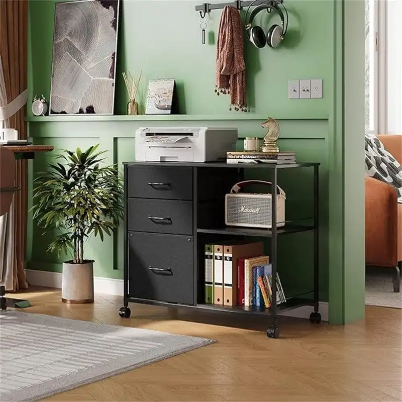 3-Drawer Mobile File Cabinet on Wheels – Black, Wood Finish, Steel Frame, Lockable Casters
