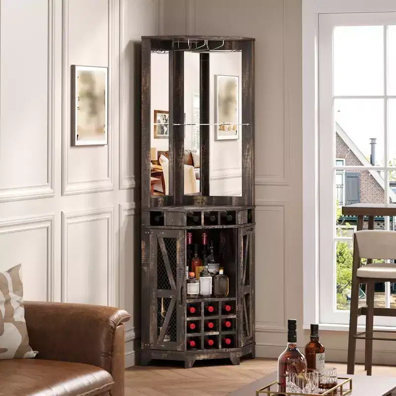 Corner Bar Cabinet with Wine Rack, 72 Tall Wine Cabinet with Acrylic Mirror & Glass Rack, Wooden Liquor Display Cabinet for Dining Room Kitchen