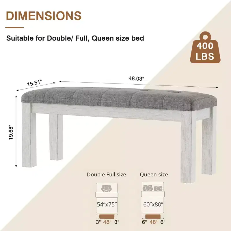 VECELO Rubber Wood Dining Bench, Upholstered Footstool, Bedside Stool for Dining Room or Kitchen, Gray