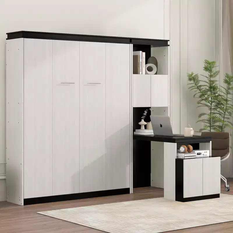 Full Size Wall Murphy Bed Multifunctional Foldable Platform Bedframe with Desk, Storage Shelves and Cabinets, Black+White-ModernLuxe
