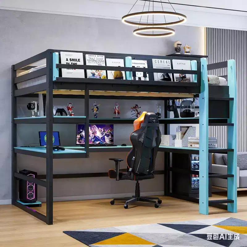 Modern Full Gaming Loft Bed with Lighted Desk, Storage Bookcase, Racks and Outlets