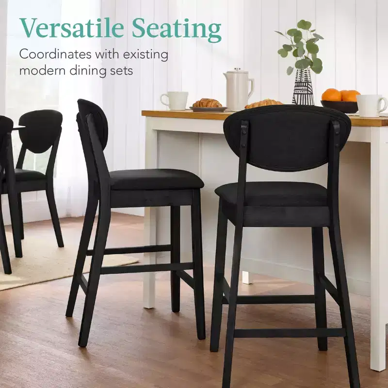 2-Piece Mid-Century Modern Wood and Upholstered Counter Height Bar Stool Set